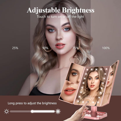 Lighted Vanity Makeup Mirror with 2X/3X/10X Magnification – Trifold LED Mirror with Touch Control & Dual Power Supply