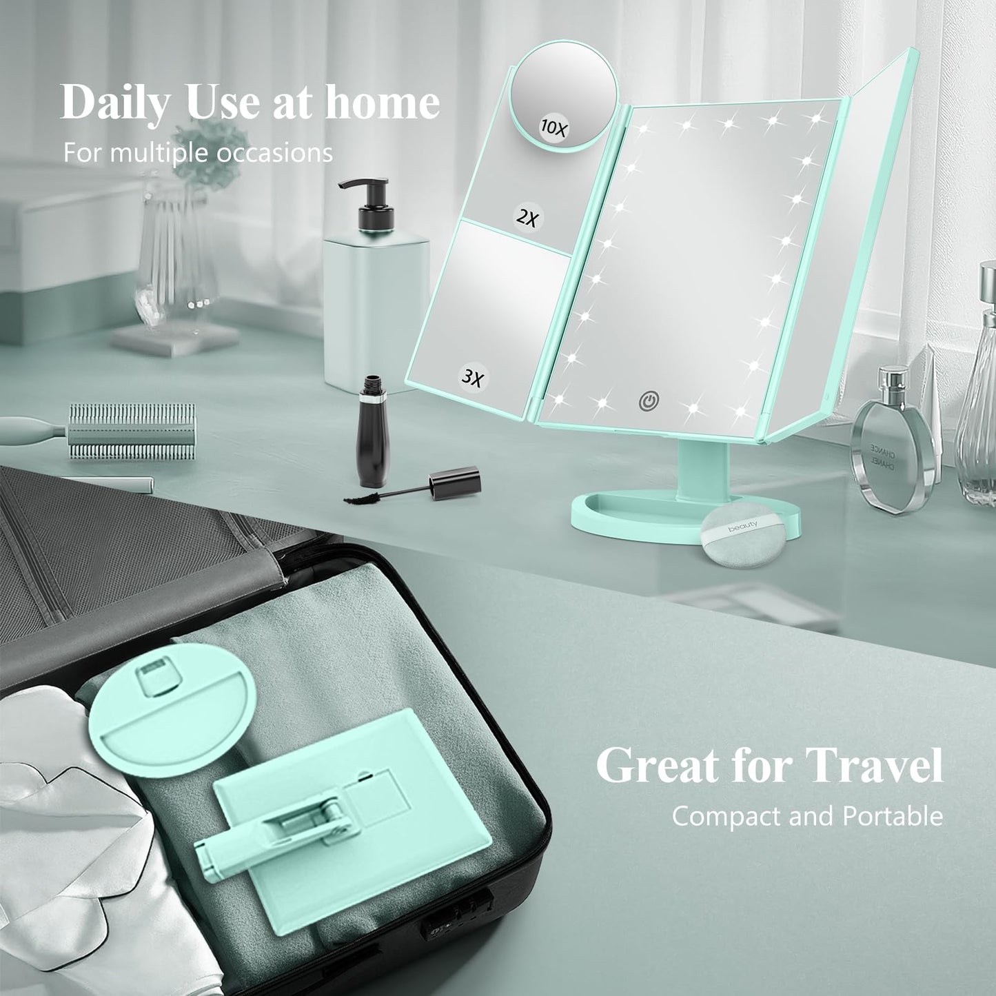 Lighted Vanity Makeup Mirror with 2X/3X/10X Magnification – Trifold LED Mirror with Touch Control & Dual Power Supply
