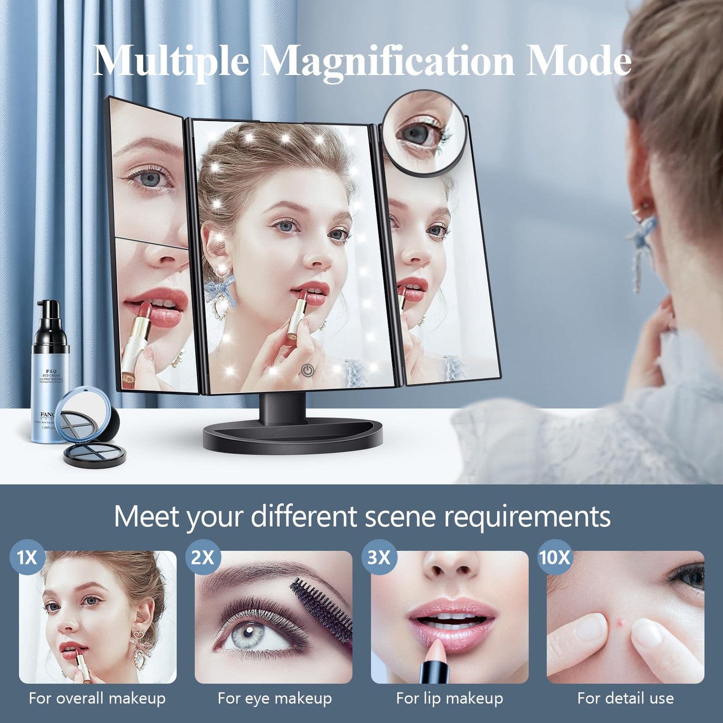 Lighted Vanity Makeup Mirror with 2X/3X/10X Magnification – Trifold LED Mirror with Touch Control & Dual Power Supply