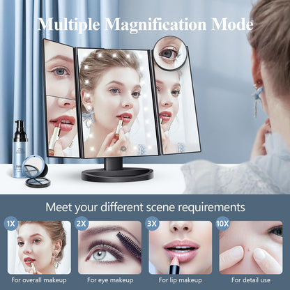 Lighted Vanity Makeup Mirror with 2X/3X/10X Magnification – Trifold LED Mirror with Touch Control & Dual Power Supply