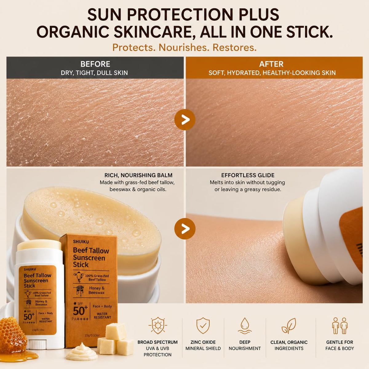 Beef Tallow Mineral Sunscreen Stick SPF 50 with Non-Nano Zinc Oxide, 0.53 oz