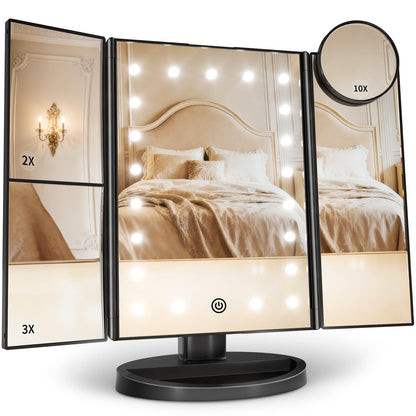 Lighted Vanity Makeup Mirror with 2X/3X/10X Magnification – Trifold LED Mirror with Touch Control & Dual Power Supply