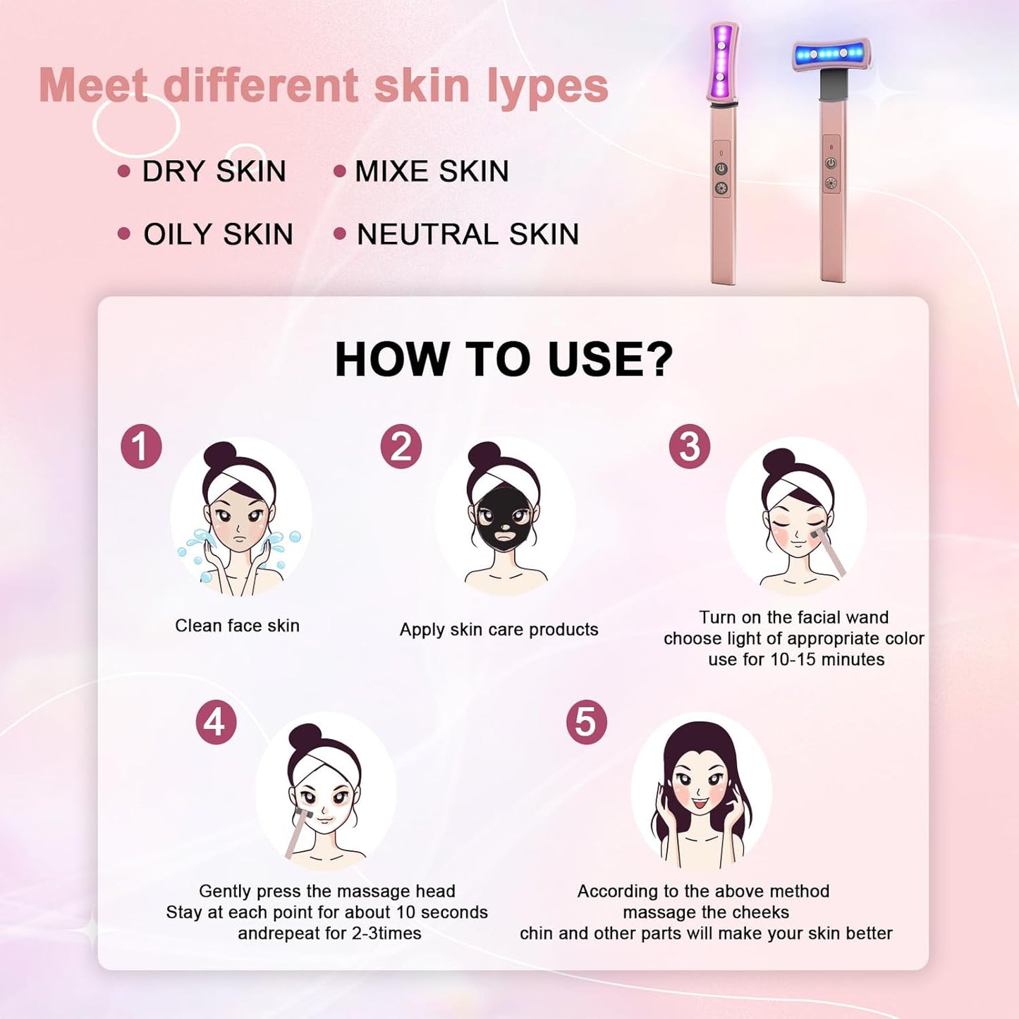 6-in-1 LED Red Light Therapy Face Wand – Skincare Tool with Vibration, Thermal & Microcurrent for Anti-Aging & Brighter Skin
