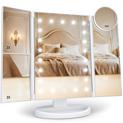 Lighted Vanity Makeup Mirror with 2X/3X/10X Magnification – Trifold LED Mirror with Touch Control & Dual Power Supply
