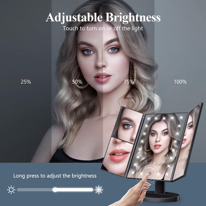 Lighted Vanity Makeup Mirror with 2X/3X/10X Magnification – Trifold LED Mirror with Touch Control & Dual Power Supply