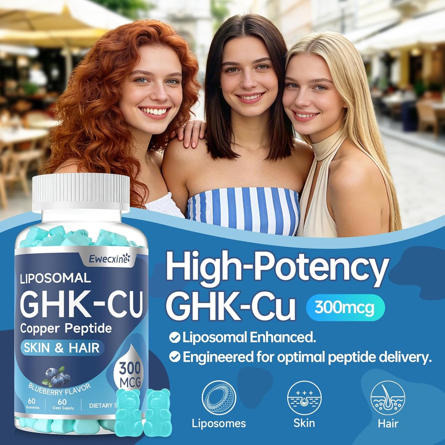 GHK-Cu Copper Peptide Gummies Supplement, 300 mcg per Serving, Liposomal Formula, 60 Vegan Gummies – Beauty Support Matrix with Biotin, Phytoceramides & Herbal Blend