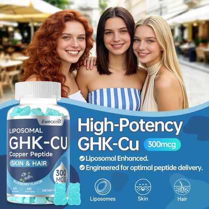 GHK-Cu Copper Peptide Gummies Supplement, 300 mcg per Serving, Liposomal Formula, 60 Vegan Gummies – Beauty Support Matrix with Biotin, Phytoceramides & Herbal Blend