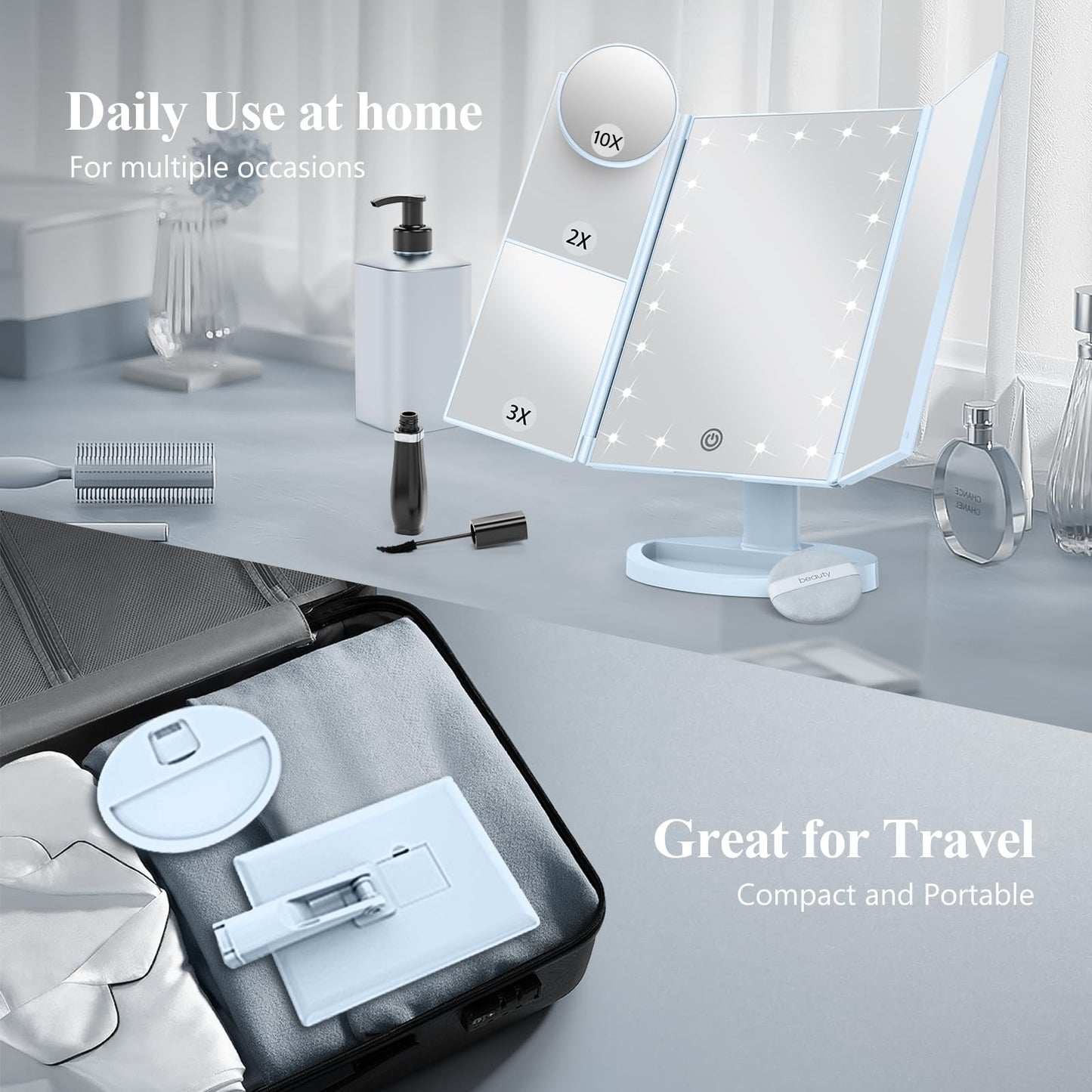 Lighted Vanity Makeup Mirror with 2X/3X/10X Magnification – Trifold LED Mirror with Touch Control & Dual Power Supply