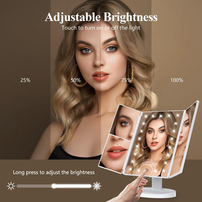 Lighted Vanity Makeup Mirror with 2X/3X/10X Magnification – Trifold LED Mirror with Touch Control & Dual Power Supply