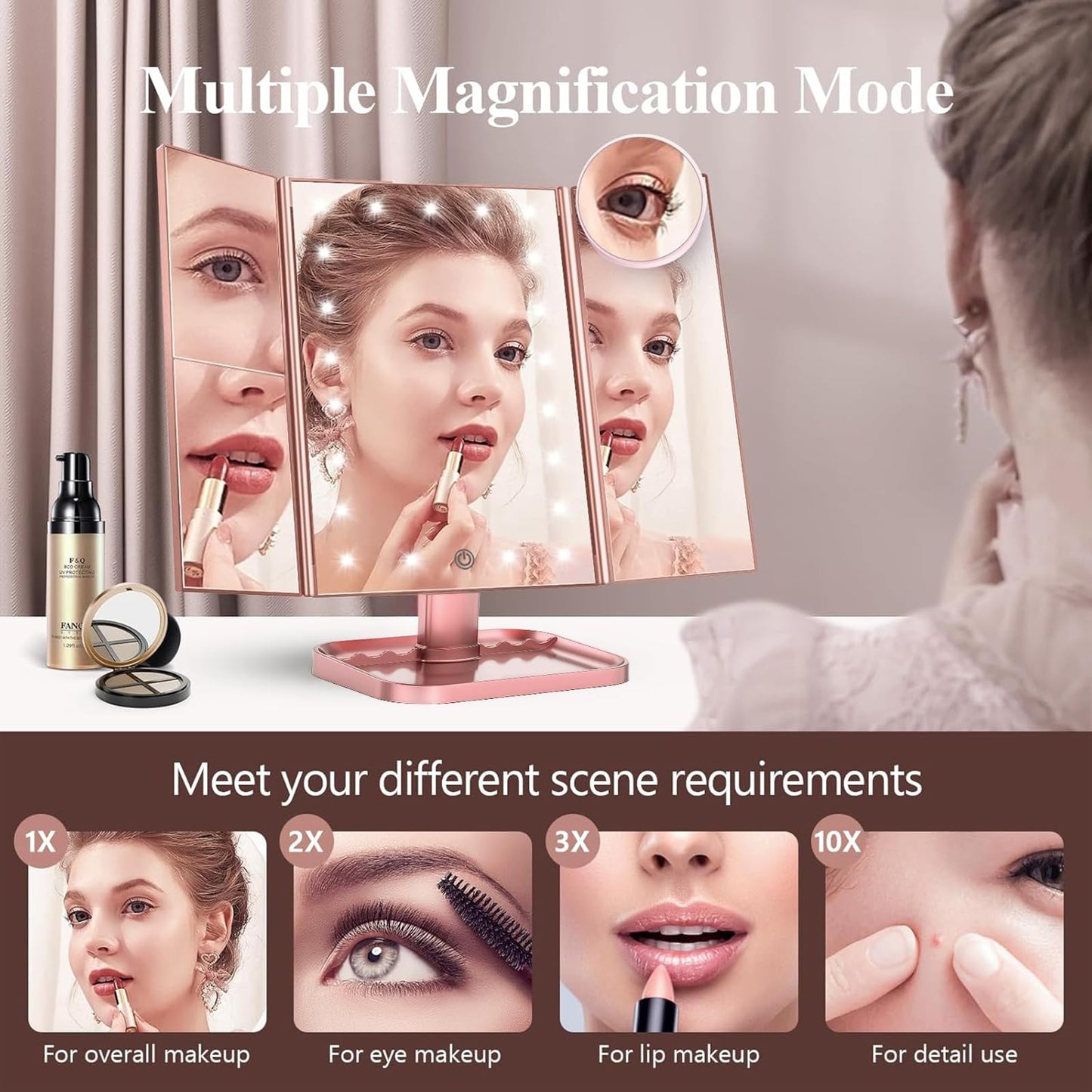 Lighted Vanity Makeup Mirror with 2X/3X/10X Magnification – Trifold LED Mirror with Touch Control & Dual Power Supply
