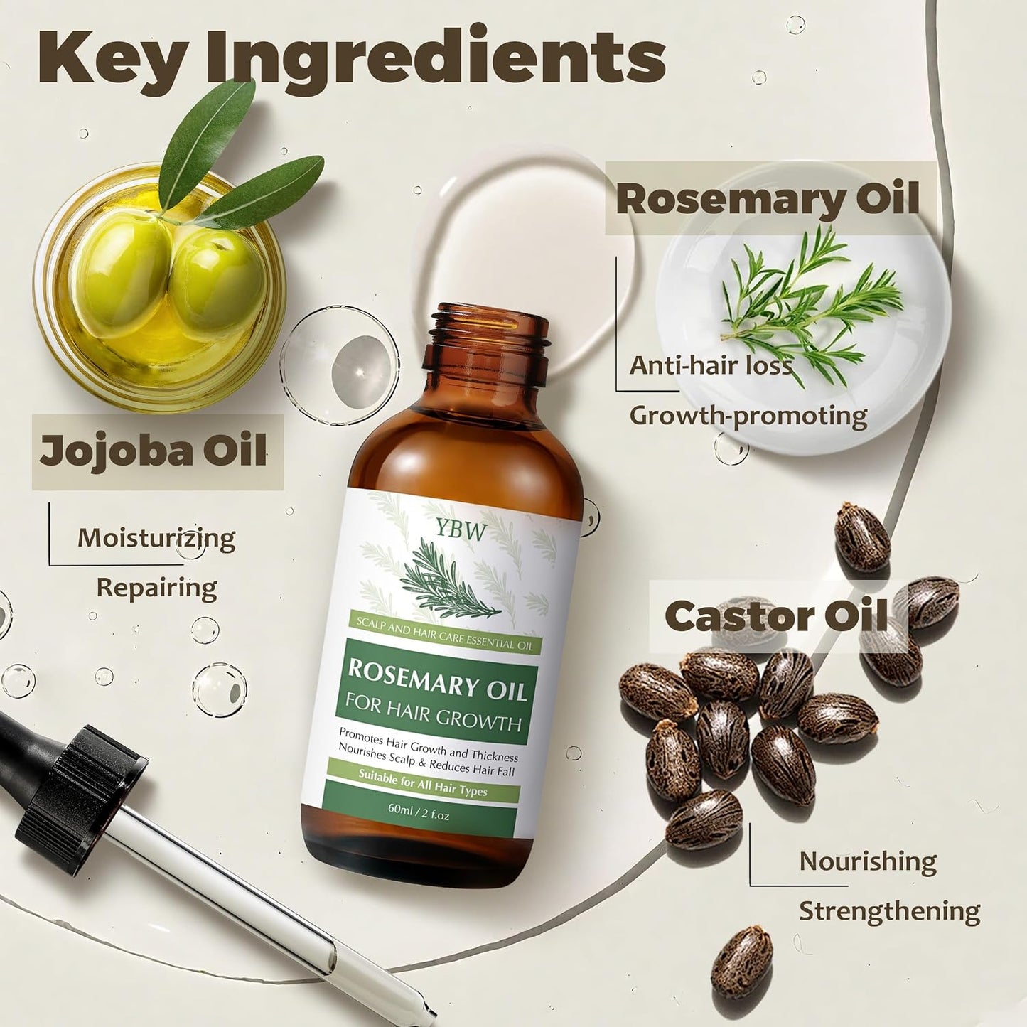 Rosemary Hair Oil with Biotin, Castor & Jojoba Oil for Scalp Care and Fuller-Looking Hair