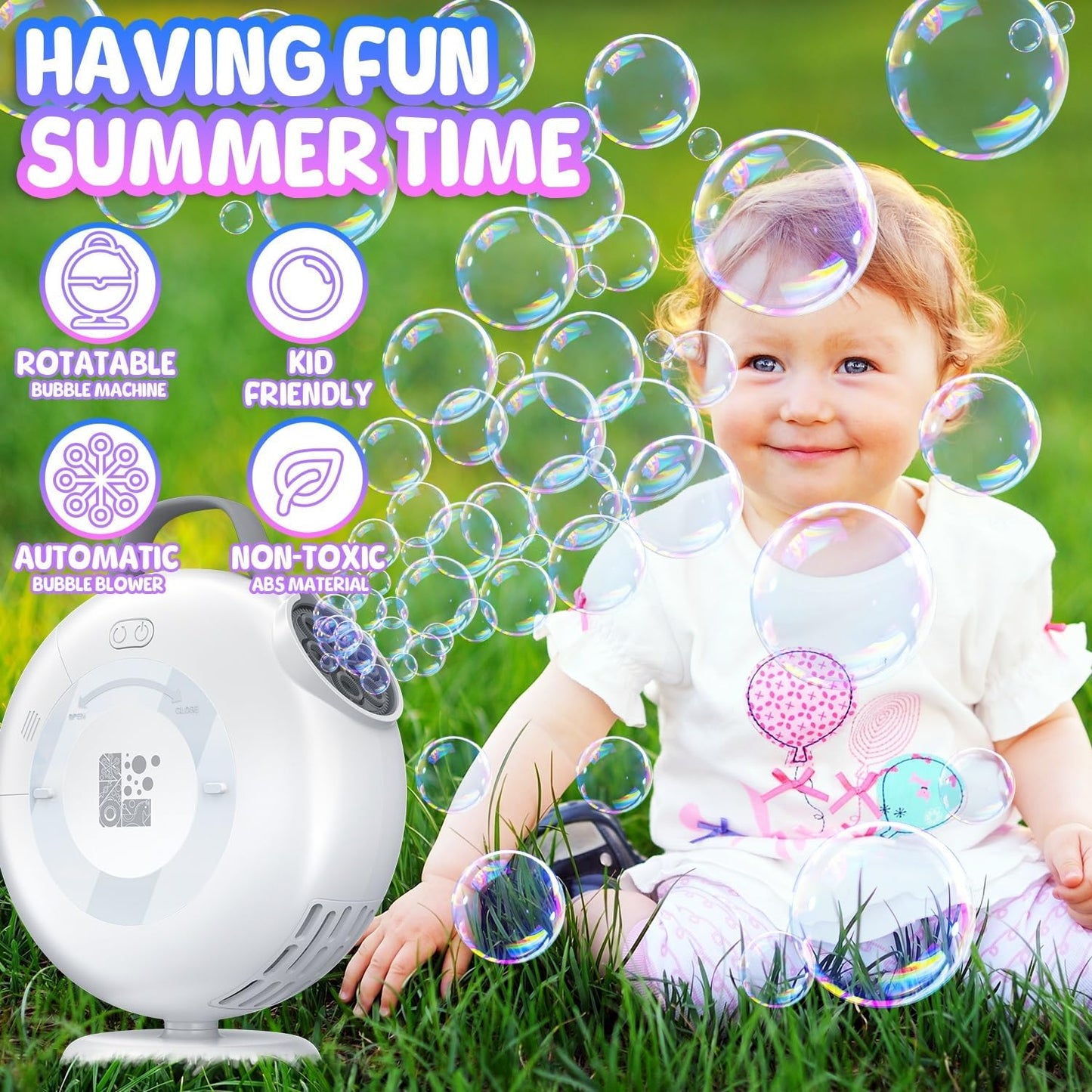 Bubble Machine, Automatic Bubble Blower for Kids Toddlers, 8000+ Bubbles Per Minute, 90° 200° Oscillating Electric Plug-in or Batteries Bubble Maker Toys for Outdoor Birthday Party - Deep White