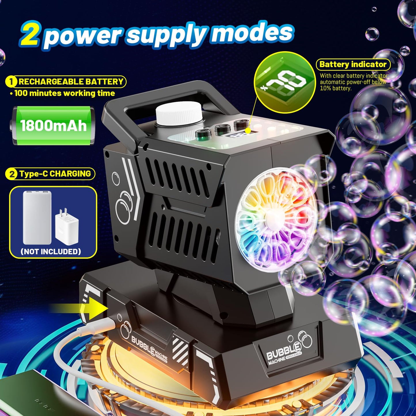 Bubble Machine Remote Control 98ft Range,Auto Rotation & 11 RGB Lights, 1800mAh Rechargeable Battery/USB-C Charging,Top-Fill Portable Bubble Maker for Kids Birthday Party Wedding Pool Outdoor