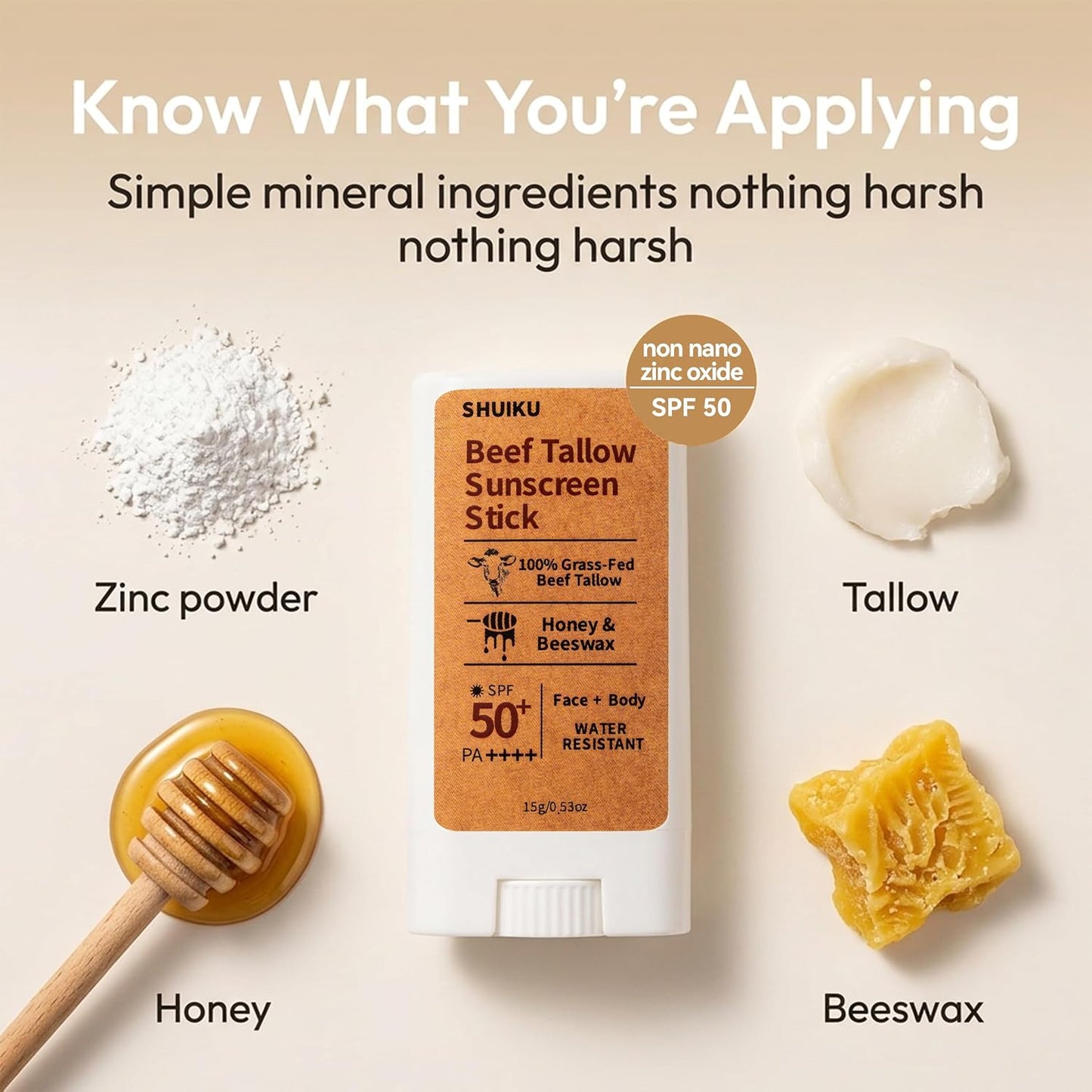 Beef Tallow Mineral Sunscreen Stick SPF 50 with Non-Nano Zinc Oxide, 0.53 oz