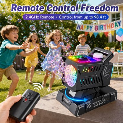 Bubble Machine Remote Control 98ft Range,Auto Rotation & 11 RGB Lights, 1800mAh Rechargeable Battery/USB-C Charging,Top-Fill Portable Bubble Maker for Kids Birthday Party Wedding Pool Outdoor