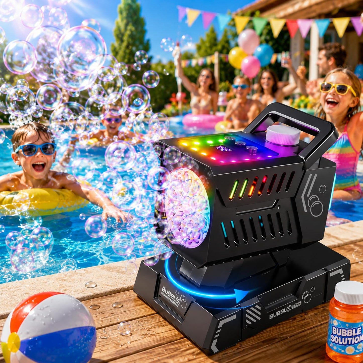 Bubble Machine Remote Control 98ft Range,Auto Rotation & 11 RGB Lights, 1800mAh Rechargeable Battery/USB-C Charging,Top-Fill Portable Bubble Maker for Kids Birthday Party Wedding Pool Outdoor
