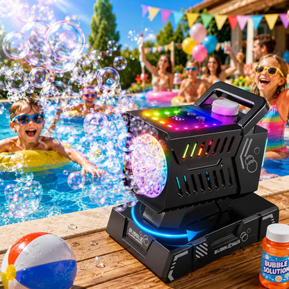 Bubble Machine Remote Control 98ft Range,Auto Rotation & 11 RGB Lights, 1800mAh Rechargeable Battery/USB-C Charging,Top-Fill Portable Bubble Maker for Kids Birthday Party Wedding Pool Outdoor