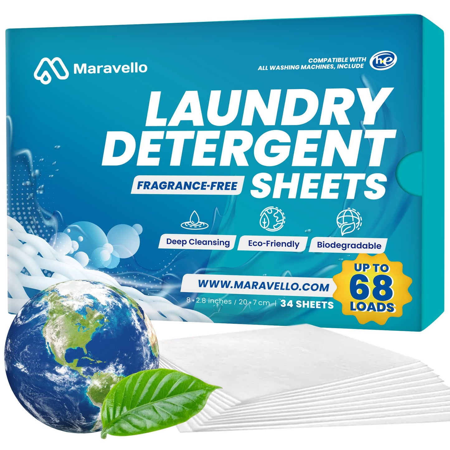 Maravello Fragrance-Free Laundry Detergent Sheets 68 Count Dissolves in Seconds Plant Extracts Instant Freshness Non-Irritating For All Clothes 68 Loads