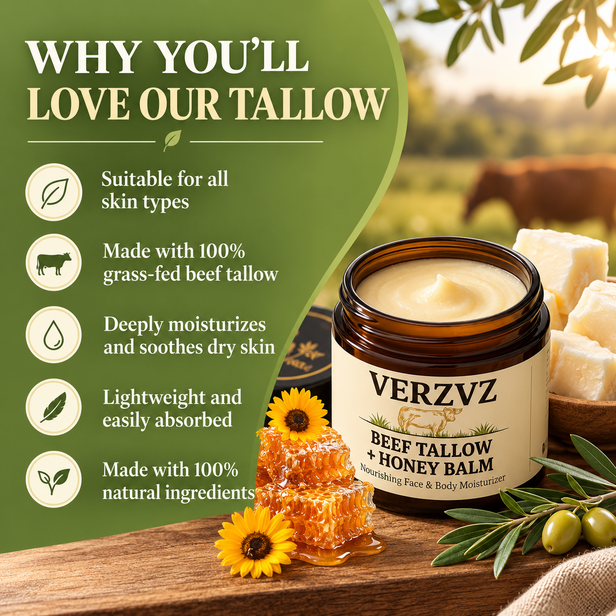 Organic Beef Tallow Honey Balm for Skin, Made in USA