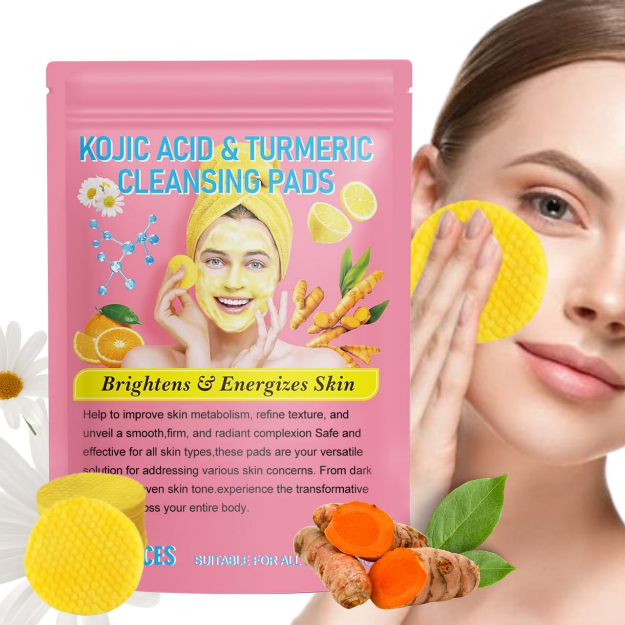 Turmeric Cleansing Pads with Kojic Acid – Brightening Face Scrub Pads (40 Count)