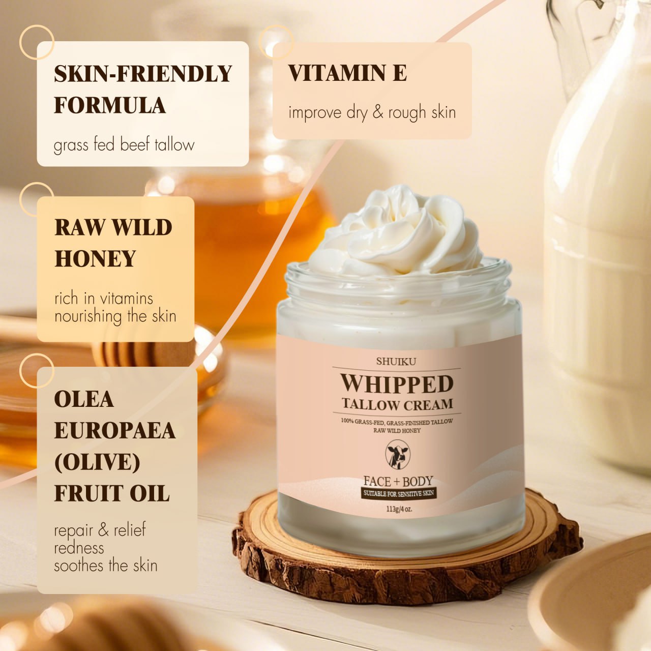 Whipped Organic Beef Tallow and Honey Balm, Beef Tallow for Face, Grass-Fed Beef Tallow Moisturizer