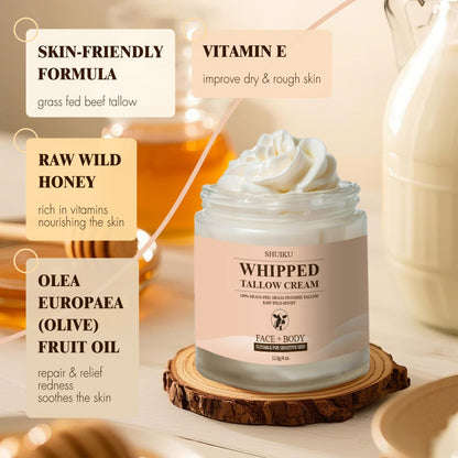 Whipped Organic Beef Tallow and Honey Balm, Beef Tallow for Face, Grass-Fed Beef Tallow Moisturizer