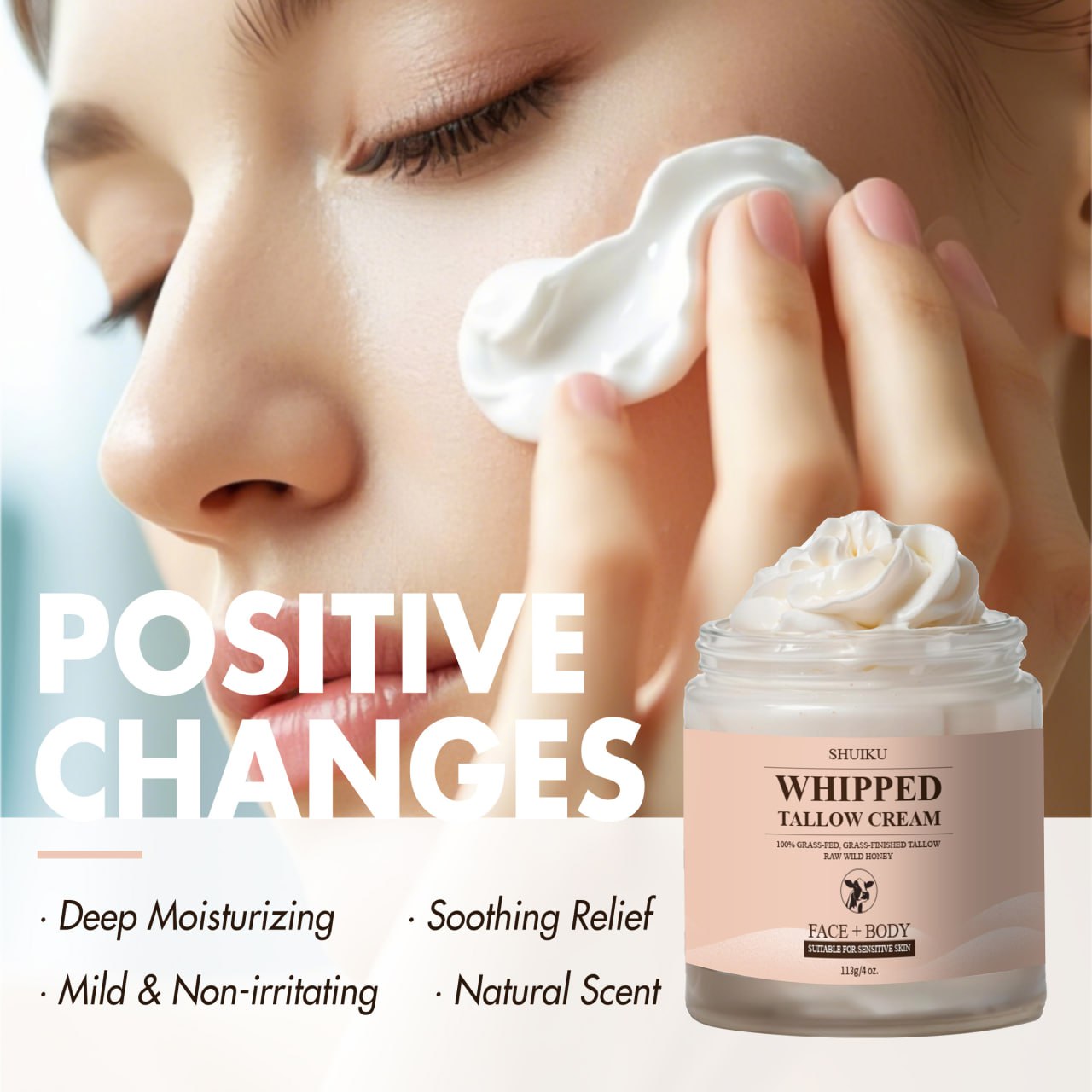 Whipped Organic Beef Tallow and Honey Balm, Beef Tallow for Face, Grass-Fed Beef Tallow Moisturizer
