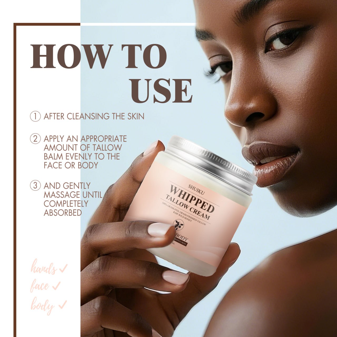 Whipped Organic Beef Tallow and Honey Balm, Beef Tallow for Face, Grass-Fed Beef Tallow Moisturizer